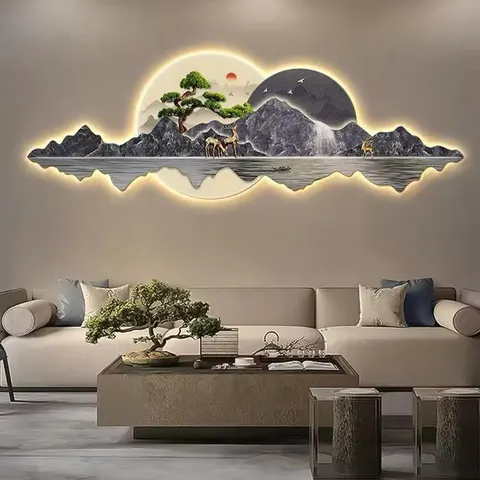 Modern Light Luxury Living Room Art Decor Painting Elk Landscape Led Wall Art Sofa Background Wall Mural
