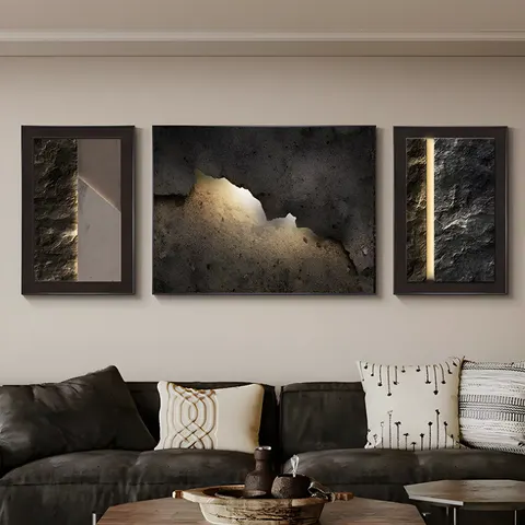 Modern Light Luxury Living Room Art Decoration Painting Triplet Atmosphere Rock Texture Sofa Background Wall Decor Painting