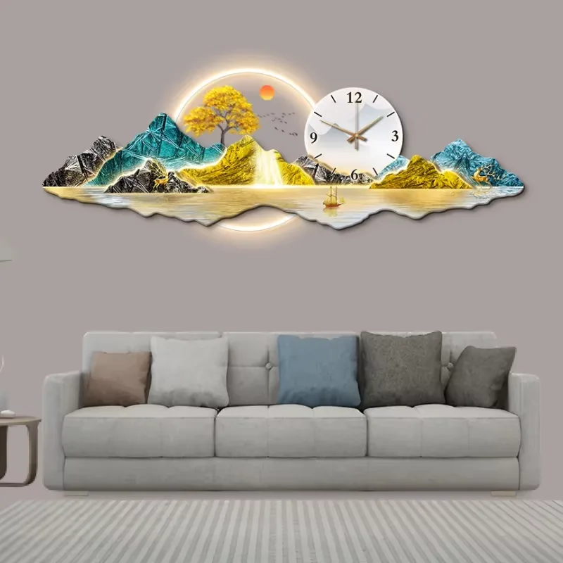 Modern Light Luxury New Chinese Landscape Sofa Background Wall Clock Acrylic LED Painting Living Room Art Home Decor Paintings