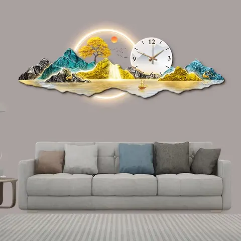 Modern Light Luxury New Chinese Landscape Sofa Background Wall Clock Acrylic LED Painting Living Room Art Home Decor Paintings