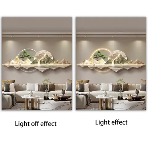 Modern Light Luxury New Chinese Landscape Sofa Background Wall Clock Acrylic LED Painting Living Room Art Home Decor Paintings