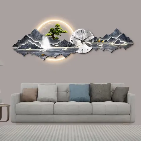 Modern Light Luxury New Chinese Landscape Sofa Background Wall Clock Acrylic LED Painting Living Room Art Home Decor Paintings