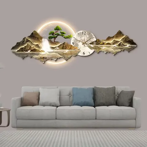 Modern Light Luxury New Chinese Landscape Sofa Background Wall Clock Acrylic LED Painting Living Room Art Home Decor Paintings