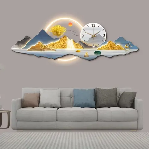 Modern Light Luxury New Chinese Landscape Sofa Background Wall Clock Acrylic LED Painting Living Room Art Home Decor Paintings