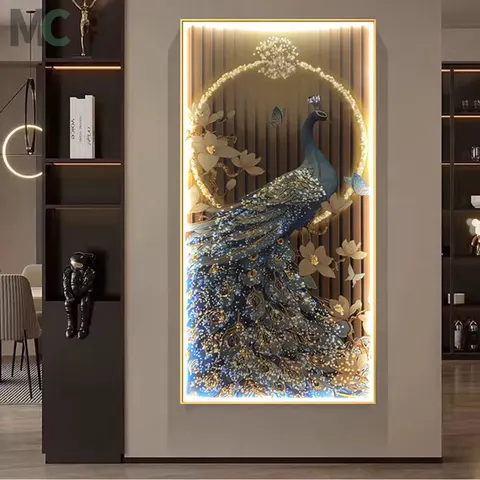 Modern Light Luxury Porch Decorative Painting Crystal Porcelain Inlay Diamond with Led Lamp Living Room Home Decoration