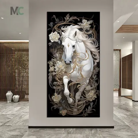 Modern Light Luxury White Horse Living Room Wall Art Home Decor Painting Horse to Success Office Hanging Picture
