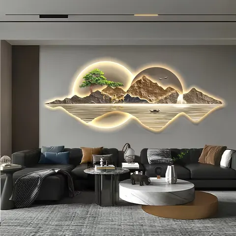 Modern Living Room Decorative Painting Landscape Mural with Light Diamond Painting Laser Engraving Crystal Porcelain Painting