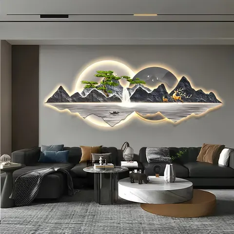 Modern Living Room Decorative Painting Landscape Mural with Light Diamond Painting Laser Engraving Crystal Porcelain Painting
