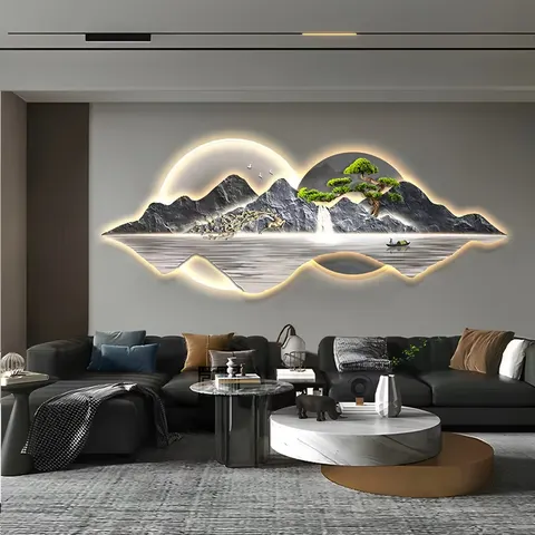 Modern Living Room Decorative Painting Landscape Mural with Light Diamond Painting Laser Engraving Crystal Porcelain Painting