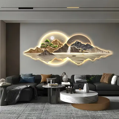 Modern Living Room Decorative Painting Landscape Mural with Light Diamond Painting Laser Engraving Crystal Porcelain Painting