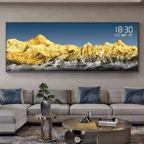 Modern Living Room Feature Wall Artistic Digital Clock with Metal Frame High-end Horizontal Panel Glass Crystal Mirror Finish