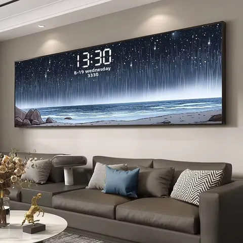 Modern Living Room Feature Wall Artistic Digital Clock with Metal Frame High-end Horizontal Panel Glass Crystal Mirror Finish