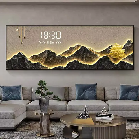 Modern Living Room Feature Wall Artistic Digital Clock with Metal Frame High-end Horizontal Panel Glass Crystal Mirror Finish