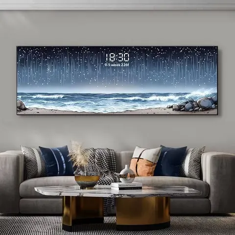 Modern Living Room Feature Wall Artistic Digital Clock with Metal Frame High-end Horizontal Panel Glass Crystal Mirror Finish