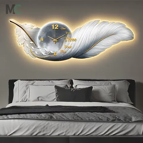 Modern Living Room Sofa Background Wall Art Decor Painting Senior Sense Feather Led Lamp Mural with Clock Hanging Picture