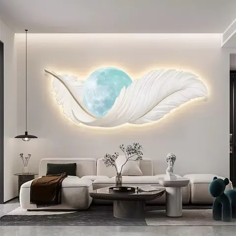 Modern Living Room Sofa Background Wall Feather Clock Mural Led Wall Art Crystal Painting Wall Art Home Decor