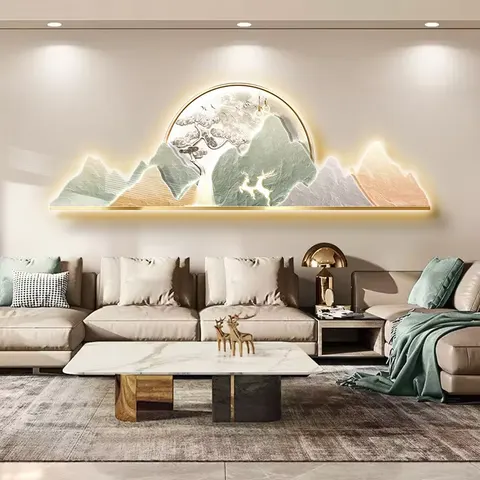 Modern Living Room Wall Decor Home Hotel High-resolution UV Printing on Golden Mountain Pattern Porcelain LED Paintings