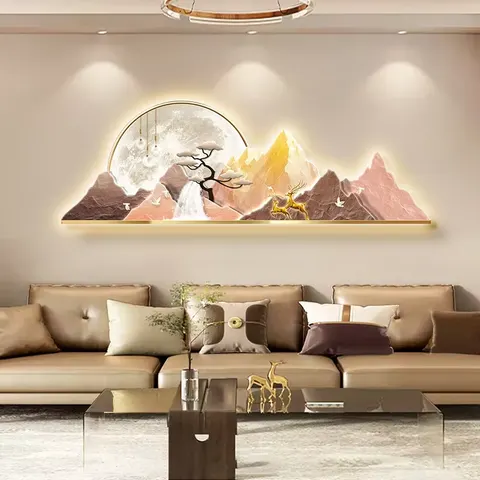 山水 单幅 装饰画 轻奢风 酒店背景墙挂画 LED带灯画