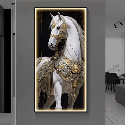 Modern Luxury Diamond Mural Golden Horse Crystal Animal Art Painting Perfect for Living Room and Hotel Wall Decor