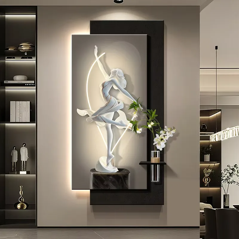 Modern Luxury Entrance Hall LED Decor Painting  Hydroponic Plants Three-dimensional Sandstone and Crystal Porcelain Painting