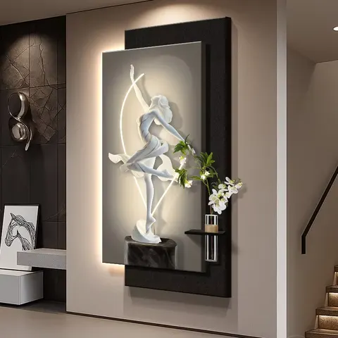 Modern Luxury Entrance Hall LED Decor Painting  Hydroponic Plants Three-dimensional Sandstone and Crystal Porcelain Painting