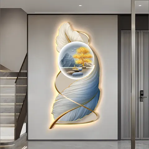 羽毛 单幅 装饰画 轻奢风 玄关背景墙挂画 LED带灯画