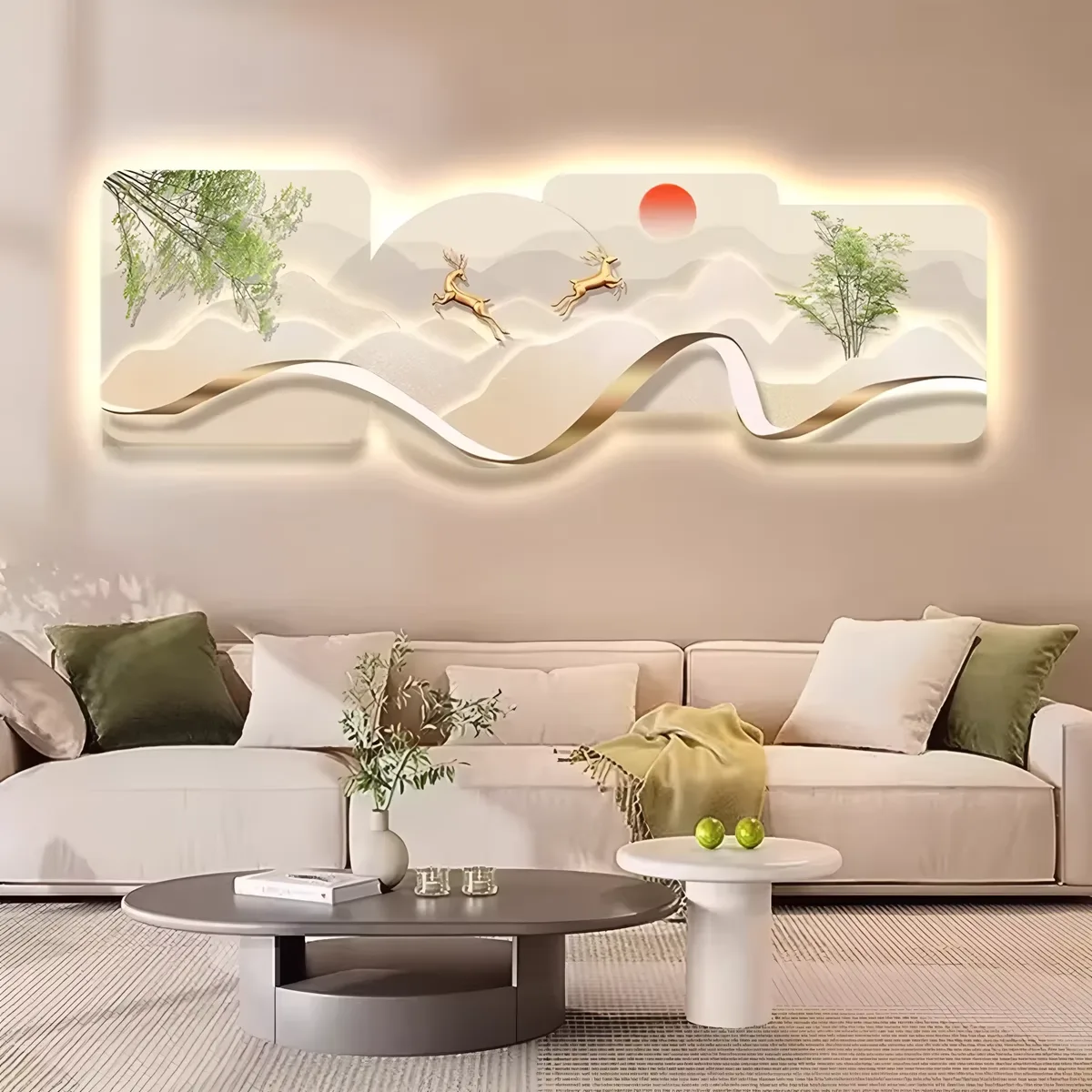 Modern Luxury Living Room Crystal Porcelain Painting Sofa Background Wall Art Decoration Led Glow Decor Painting
