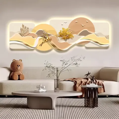 Modern Luxury Living Room Crystal Porcelain Painting Sofa Background Wall Art Decoration Led Glow Decor Painting