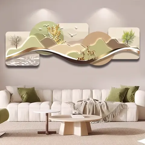 Modern Luxury Living Room Crystal Porcelain Painting Sofa Background Wall Art Decoration Led Glow Decor Painting
