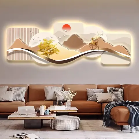 Modern Luxury Living Room Crystal Porcelain Painting Sofa Background Wall Art Decoration Led Glow Decor Painting