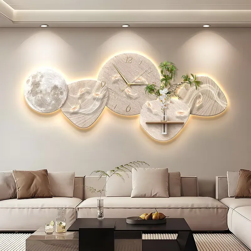Modern Luxury Nine Fish Motif Sandstone Clock Wall-Mounted Sandstone Background Wall Art Decoration Painting