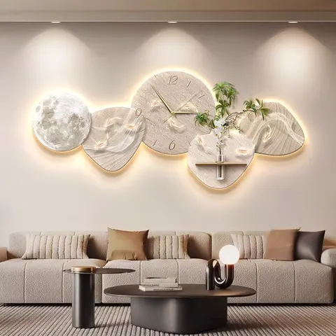 Modern Luxury Nine Fish Motif Sandstone Clock Wall-Mounted Sandstone Background Wall Art Decoration Painting