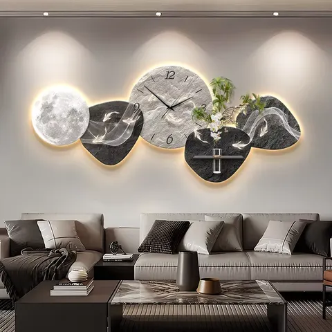 Modern Luxury Nine Fish Motif Sandstone Clock Wall-Mounted Sandstone Background Wall Art Decoration Painting