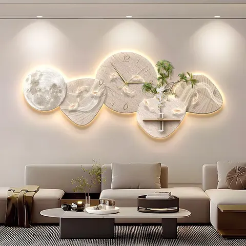 Modern Luxury Nine Fish Motif Sandstone Clock Wall-Mounted Sandstone Background Wall Art Decoration Painting