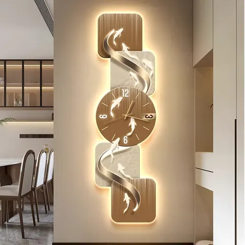 Modern Luxury Nine Fish Picture With Wall Clock Porch Art Decor Painting Corridor Background Wall LED Glow Mural