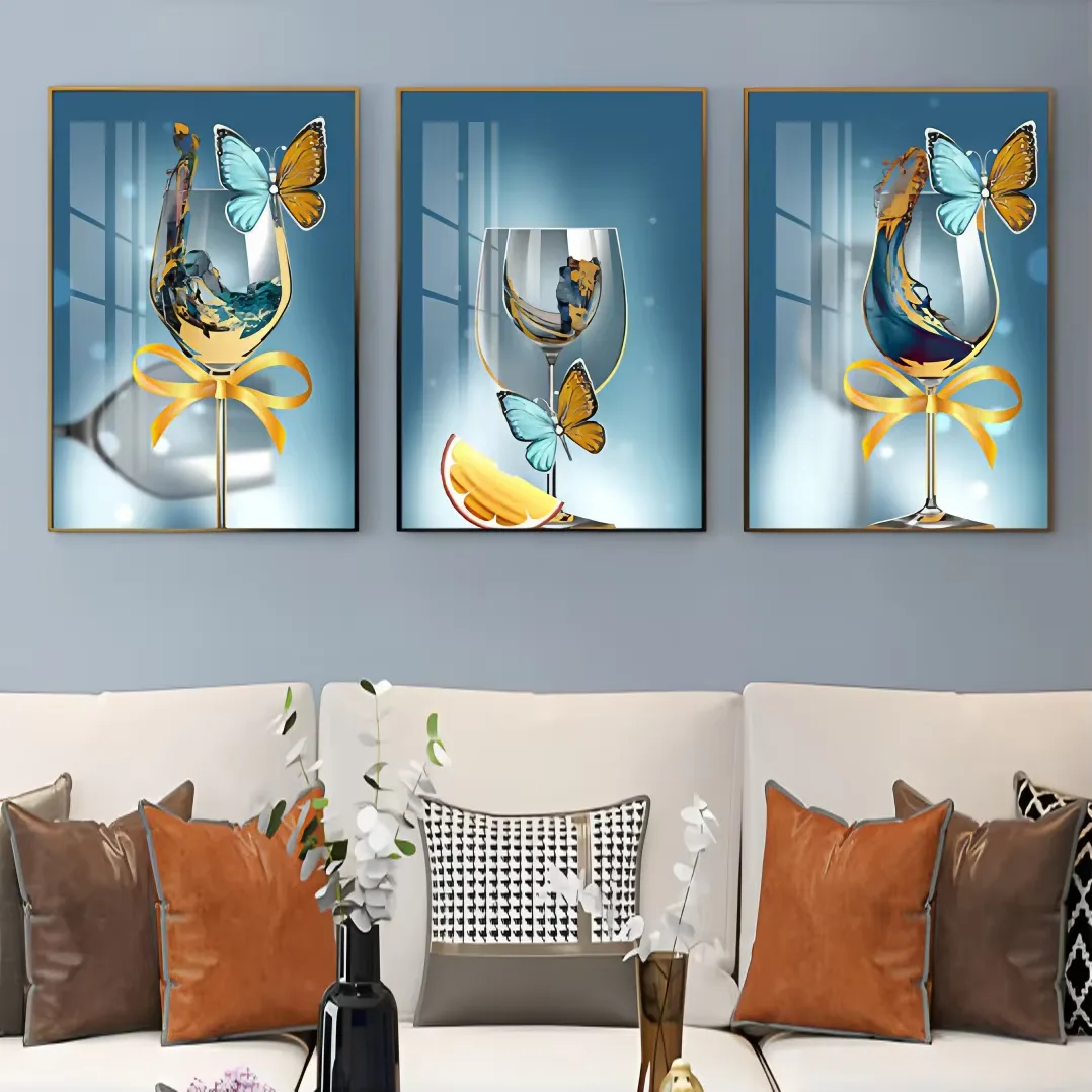 Modern Luxury Restaurant Art Decor Paintings Wine Glass Dining Room Background Wall Crystal Porcelain Paintings