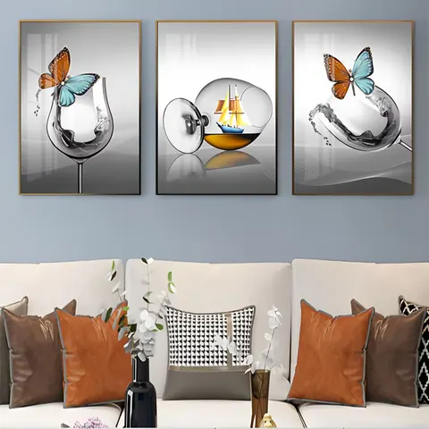 Modern Luxury Restaurant Art Decor Paintings Wine Glass Dining Room Background Wall Crystal Porcelain Paintings