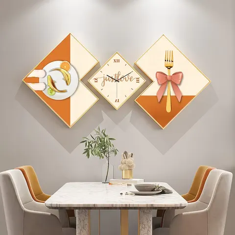 挂钟组合 三联 装饰画 轻奢风 餐厅背景墙挂画 晶瓷画