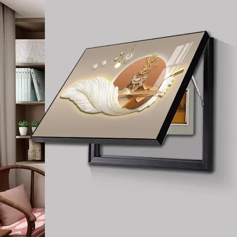 Modern Metal-framed Hydraulically Tilting Instrument Cabinet with Feather Wall Art No Front Panel for Home Entrance Decoration