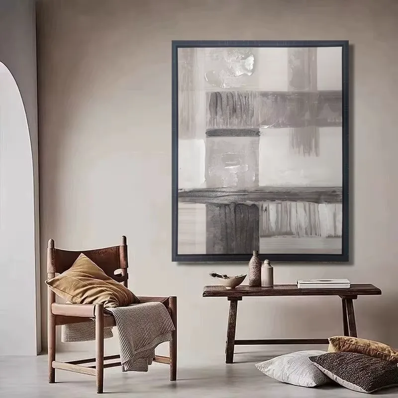 Modern Minimalist Abstract Canvas Art Set Neutral Gray Tones Handmade Textured Oil Painting for Living Room Wall Decor Painting