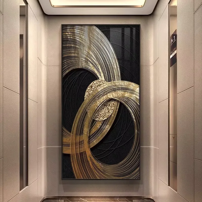 Modern, Minimalist Lifestyle: Abstract Crystal Painting Black and Gold, High End, Lightweight, Luxurious Hotel Foyer Mural