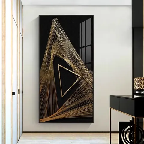 Modern, Minimalist Lifestyle: Abstract Crystal Painting Black and Gold, High End, Lightweight, Luxurious Hotel Foyer Mural