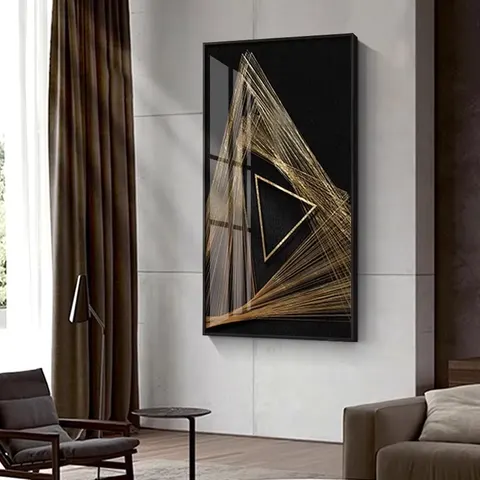 Modern, Minimalist Lifestyle: Abstract Crystal Painting Black and Gold, High End, Lightweight, Luxurious Hotel Foyer Mural