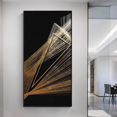 Modern, Minimalist Lifestyle: Abstract Crystal Painting Black and Gold, High End, Lightweight, Luxurious Hotel Foyer Mural