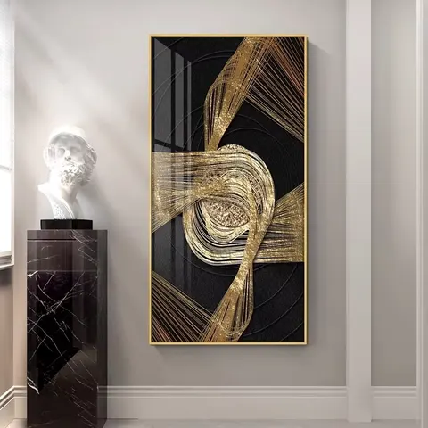Modern, Minimalist Lifestyle: Abstract Crystal Painting Black and Gold, High End, Lightweight, Luxurious Hotel Foyer Mural