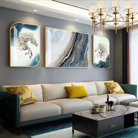 抽象 三联 装饰画 轻奢风 客厅背景墙挂画 晶瓷画