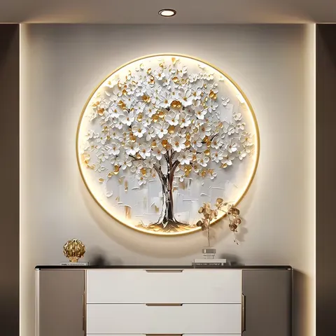 Modern Painting Money Tree Entrance Hall Art Decor Paintings Round Diamond-inlaid Glowed LED Painting