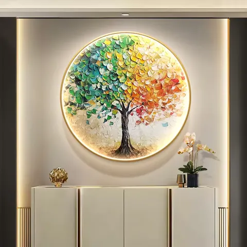 Modern Painting Money Tree Entrance Hall Art Decor Paintings Round Diamond-inlaid Glowed LED Painting