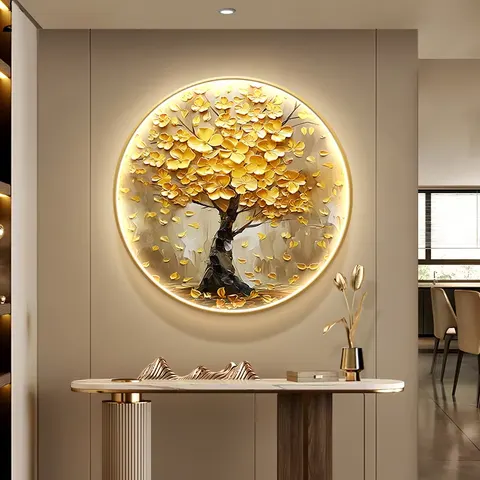 Modern Painting Money Tree Entrance Hall Art Decor Paintings Round Diamond-inlaid Glowed LED Painting