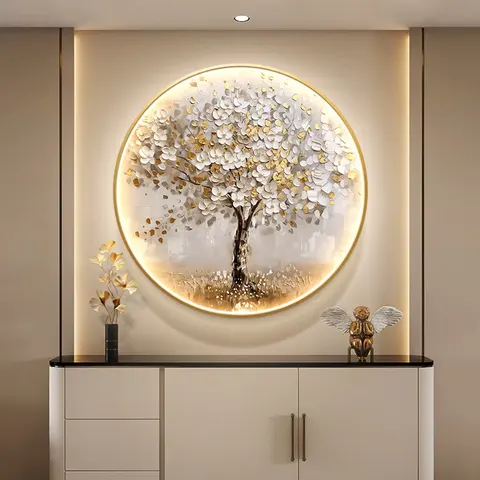 Modern Painting Money Tree Entrance Hall Art Decor Paintings Round Diamond-inlaid Glowed LED Painting
